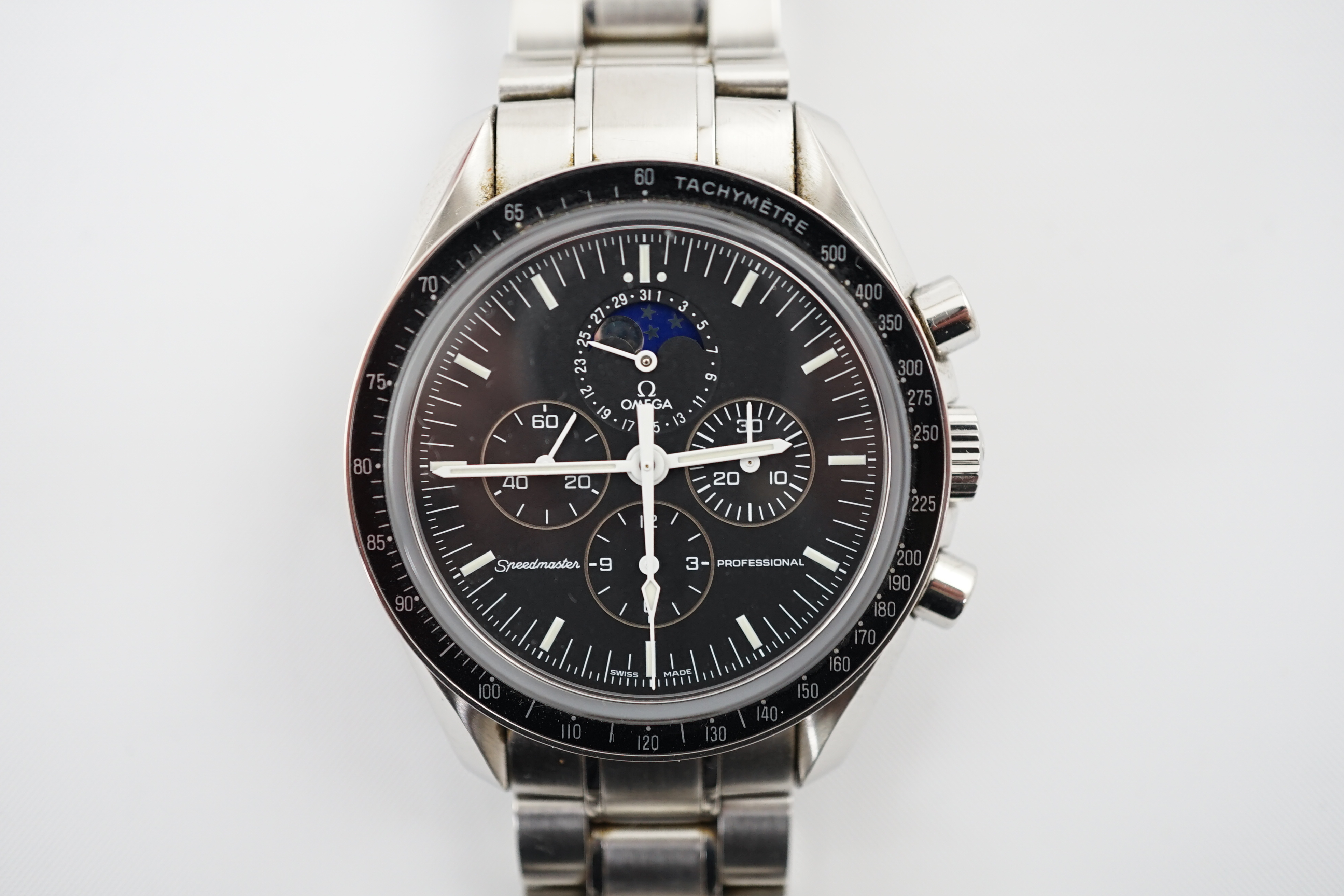 A gentleman's 2015 stainless steel Omega Speedmaster Professional automatic wrist watch, inscribed verso 'The first and only watch worn on the moon'